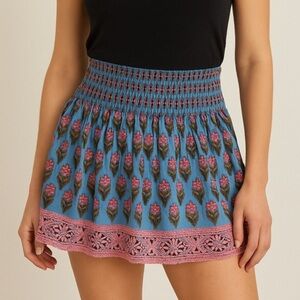 Marea by Liz Joy Flora Breeze Cotton Pink & Blue Smocked India Mini Skirt XS